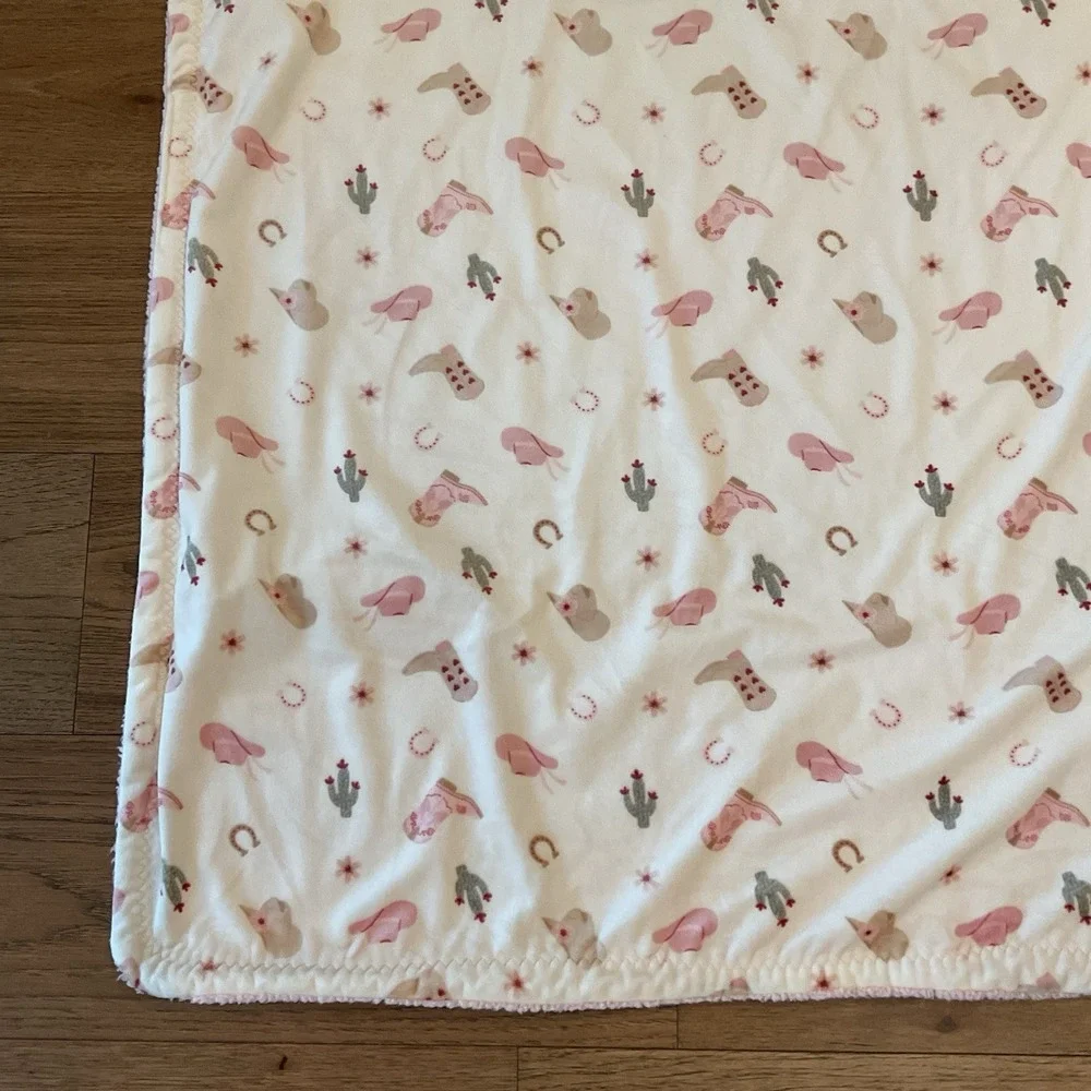 Baby Starters Girls Cowgirl Blanket Pink Western Reversible Boots Hat 30 X 40